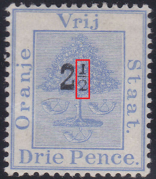 OFS 1896 SG83a(SACC 46a)  2½d on 3d ULTRAMARINE-ROMAN `1` AND ANTIQUA `2` IN FRACTION-SCARCE- MM