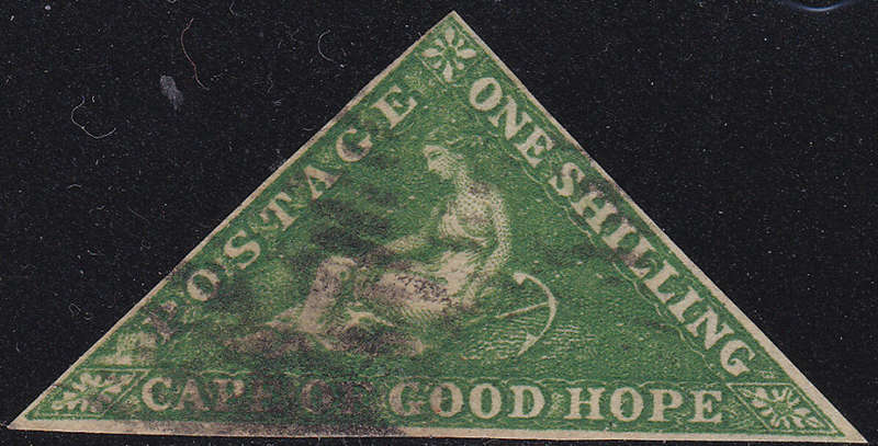 Cape of Good Hope 1858 SG8 1/- BRIGHT YELLOW GREEN - VERY FINE USED - 3 GOOD TO LARGE MARGINS CV£300