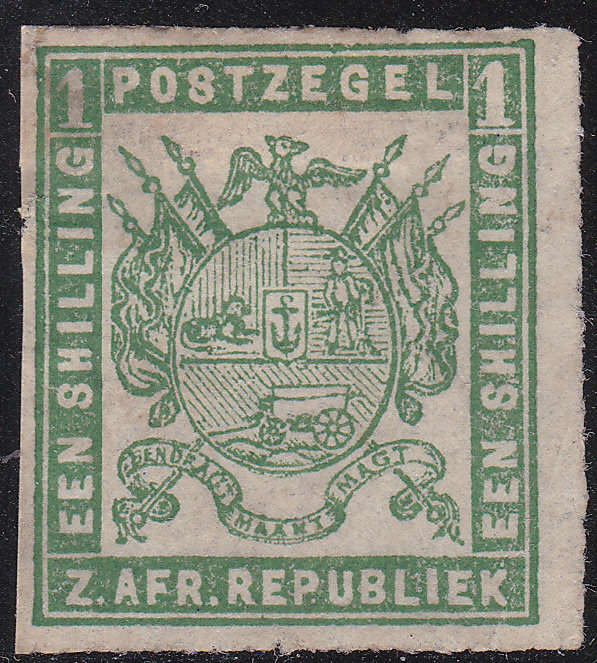 TRANSVAAL 1872-74 SG26(SACC27) 1/- GREEN ON THIN TRANSPARENT PAPER