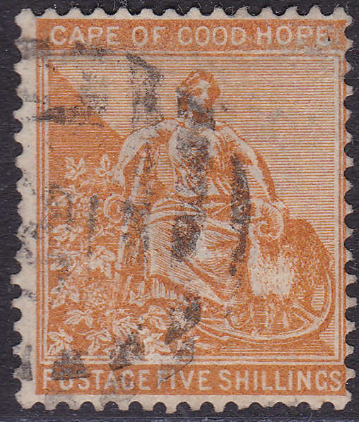 Cape of Good Hope : 1882 SG45/SACC40 : 5/- ORANGE - FINE USED (WM Crown CA)