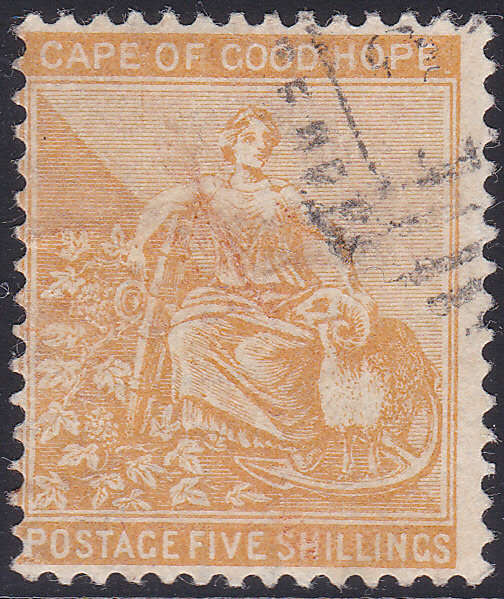Cape of Good Hope 1871 SG31/SACC26 5/- YELLOW-ORANGE(WM CROWN CC) VFU - CV R650