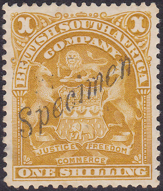 B.S.A.C/Rhodesia SG84s/SACC77s 1/- BISTRE SPECIMEN MM