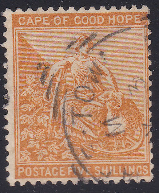 Cape of Good Hope : 1882 SG45/SACC40 : 5/- ORANGE - SUPERB LIGHTY USED EXAMPLE(WM Crown CA)