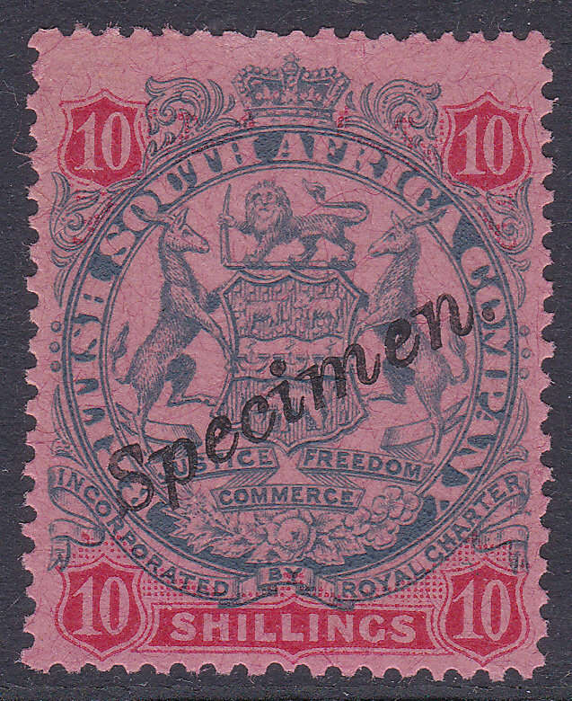 B.S.A.C/Rhodesia SG50s 10/- Slate & Vermillion/Rose `SPECIMEN` **UM**