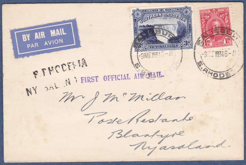 Souhern Rhodesia 1934 Entire to Blantyre, Nyasaland - London -SALISBUY CDS - FIRST OFFICIAL AIR MAIL