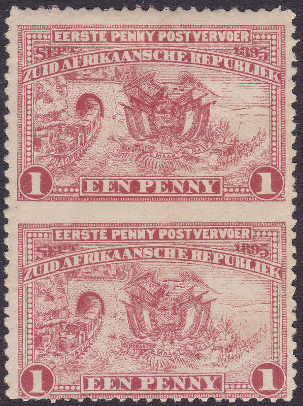 TRANSVAAL SACC222a 1d RED IMPERF VERTICAL PAIR MM/UM CV R4500