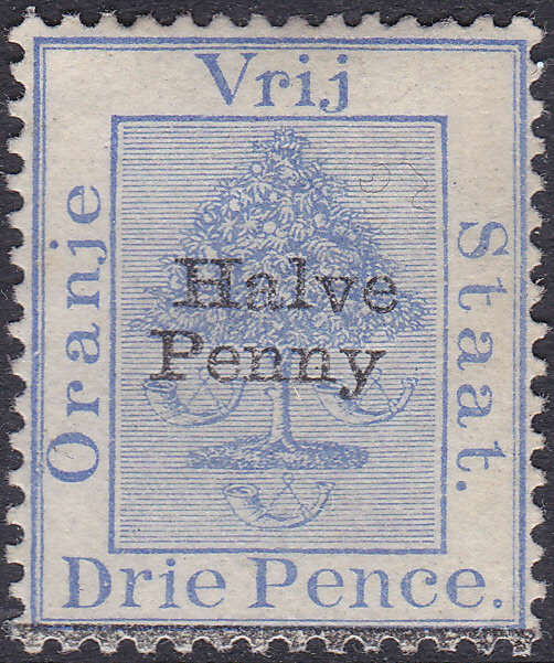 OFS 1896 SACC45a:½d ON 3d ULTRAMARINE `NO STOP AFTER PENNY` and MISPLACED BAR CV R1500