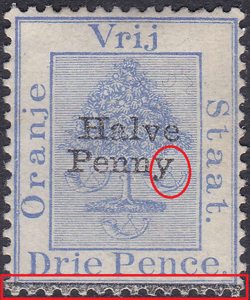 OFS 1896 SACC45a:½d ON 3d ULTRAMARINE `NO STOP AFTER PENNY` and MISPLACED BAR CV R1500