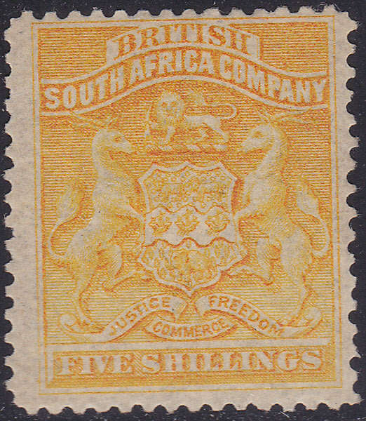 BSAC / Rhodesia 1892 SACC8 5/- ORANGE-YELLOW LMM CV R2000