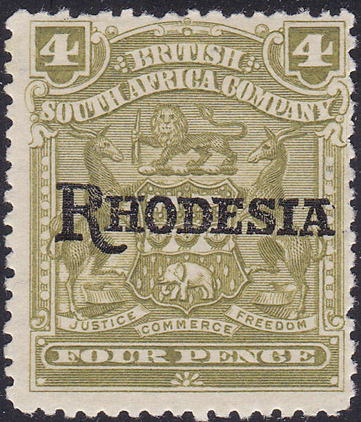 BSAC / Rhodesia 1909-12 SG105a 4d Olive  - No stop after `A`  LMM V £100(2017)