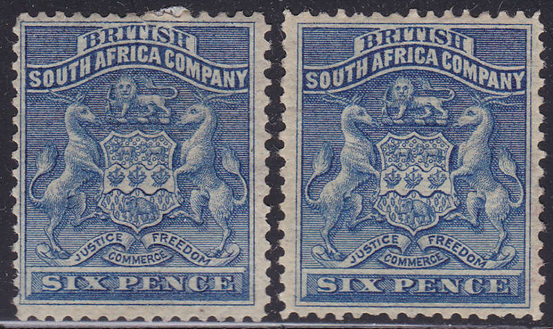 BSAC/RHODESIA 1892-3 SG2-3 6d Ultramarine/Deep Blue - Both Shades £130(2017)