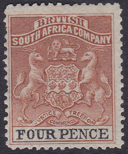 BSAC / Rhodesia 1892 : SG22 4d Chestnut & Black MM CV £48