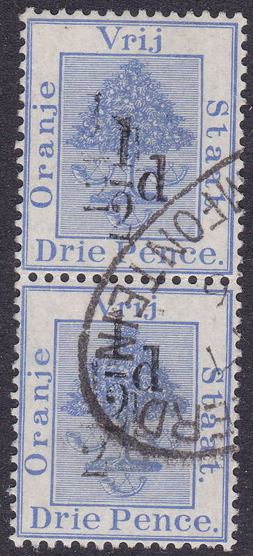 OFS 1896 SG75a ½d ON 3d ULTRAMARINE PAIR, BOTH WITH DOUBLE SURCHARGE - SCARCE