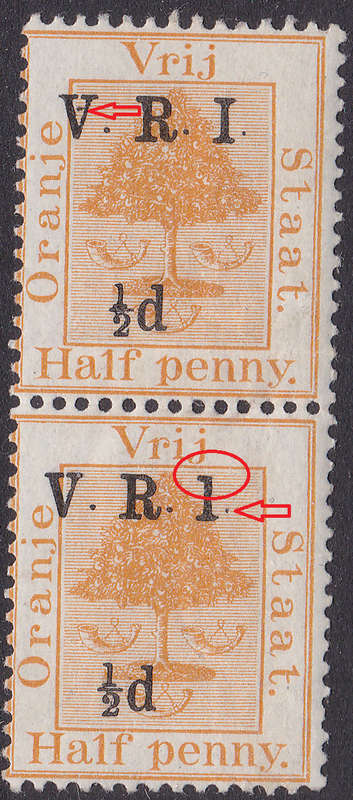 OFS 1900 ½d ON ½d ORANGE PAIR, BOTTOM STAMP WITH `1` FOR `I` LMM - UNLISTED