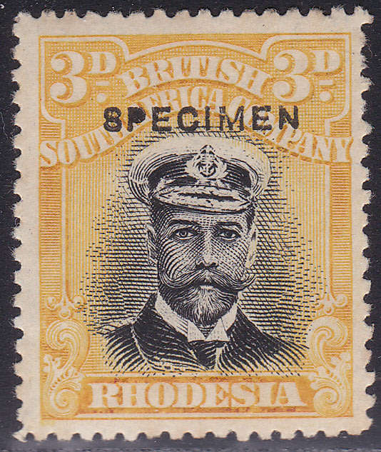 B.S.A.C / RHODESIA 1913-22 : 3d BLACK & YELLOW `SPECIMEN`  - MM CV R3420