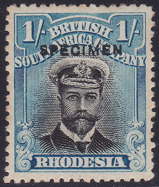 B.S.A.C / RHODESIA 1913-22 : 1/- BLACK & TURQUOISE BLUE  `SPECIMEN`  - MM CV R3420