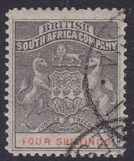 B.S.A.C / RHODESIA 1892 SG26 - 4/- Greyish-black & Vermilliom - Fine used - CV £55