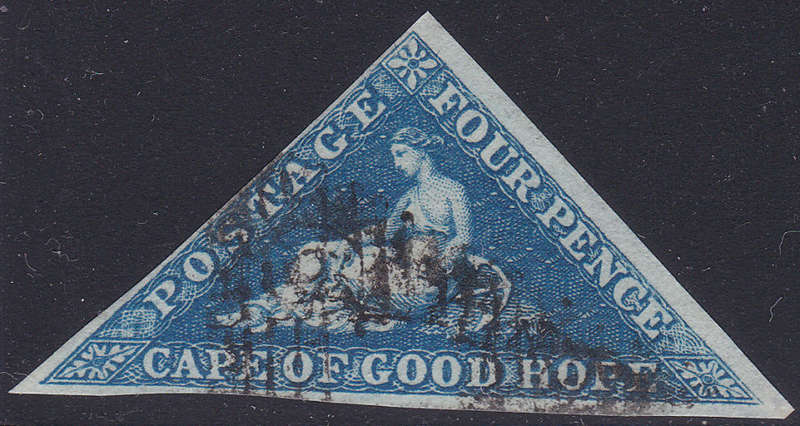 CAPE OF GOOD HOPE 1853 SACC2a - 4d DEEP BLUE ON DEEPLY BLUED PAPER SIDEWAYS WATERMARK- VFU-CV R12000
