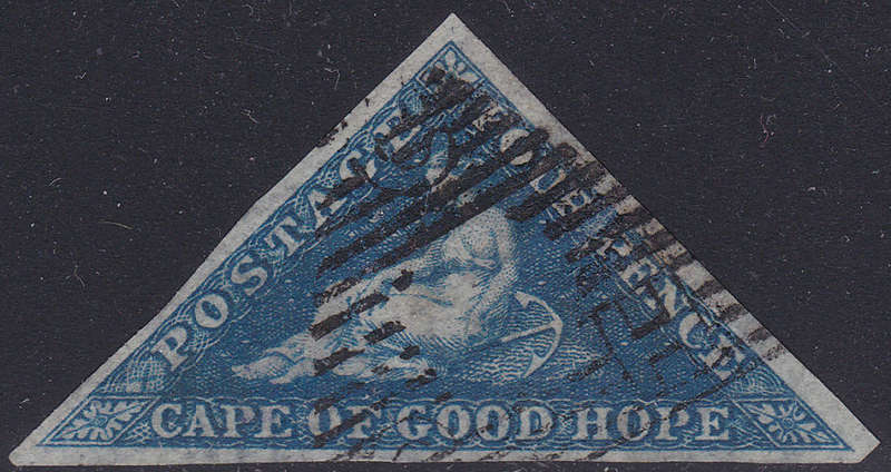 CAPE OF GOOD HOPE 1853 SACC2a - 4d DEEP BLUE ON DEEPLY BLUED PAPER SIDEWAYS WATERMARK- VFU-CV R12000
