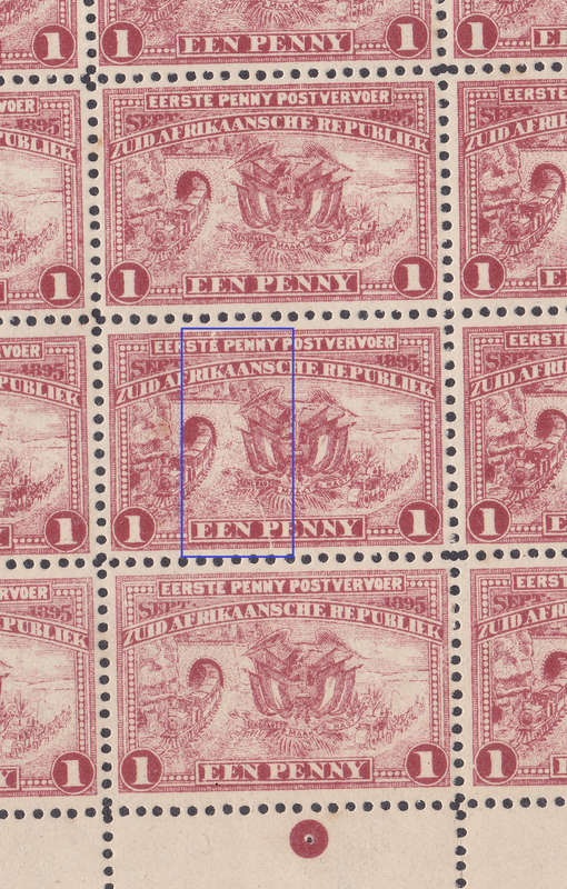 TRANSVAAL 1895 1d RED - FULL SHEET IN TWO SECTIONS WITH STAMP 9/3 DISPLAYING `CRACKED PLATE` FLAW