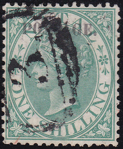 NATAL 1869 SACC61 1/- GREEN WITH O/P TYPE V - FINE USED - CV R1100