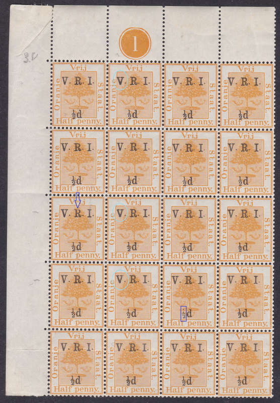 OFS 1900  ½d ON ½d ORANGE CONTROL SHEET OF 20 WITH VARIETIES - UM