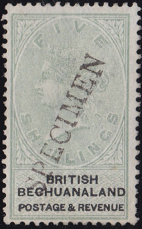 BRITISH BECHUANALAND 1887 SACC18s 5/- GREEN and BLACK `SPECIMEN`  O/P PARTIALLY DOUBLED