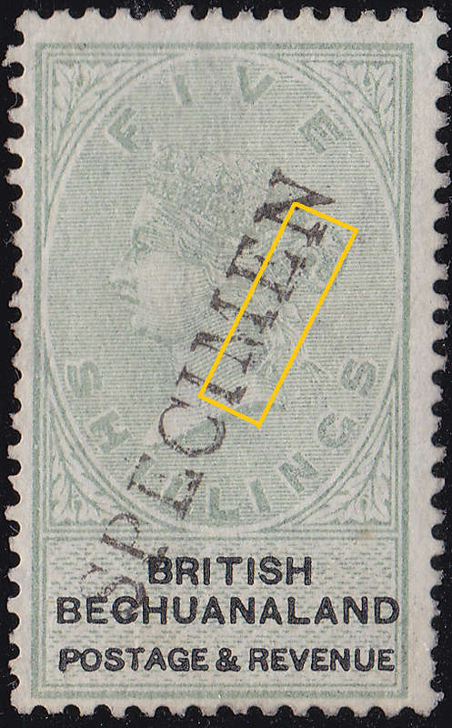 BRITISH BECHUANALAND 1887 SACC18s 5/- GREEN and BLACK `SPECIMEN`  O/P PARTIALLY DOUBLED