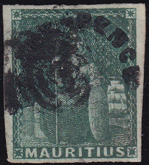 MAURITIUS 1858 SG26 4d GREEN WITH 4d SURCHARGE CV £450