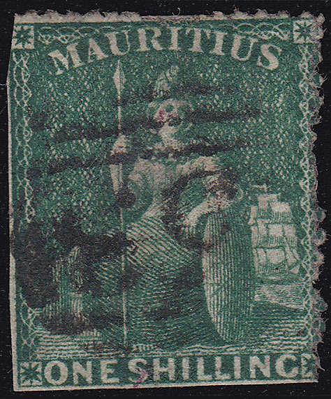 MAURITIUS 1862 SG55 1/- DEEP GREEN (INTERMEDIATE PERF) USED - CV £325