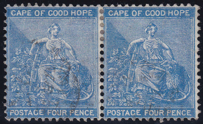 Cape of Good Hope 1864-77 SACC19d 4d BLUE PAIR WITH INVERTED WATERMARK - SCARCE CV R8000