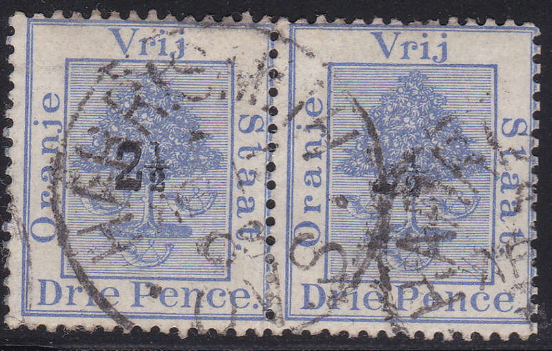 OFS - SACC46(var) 2½d ON 3d ULTRAMARINE USED PAIR WITH MISSING TOP TO `2` AND `1` IN FRACTION FU