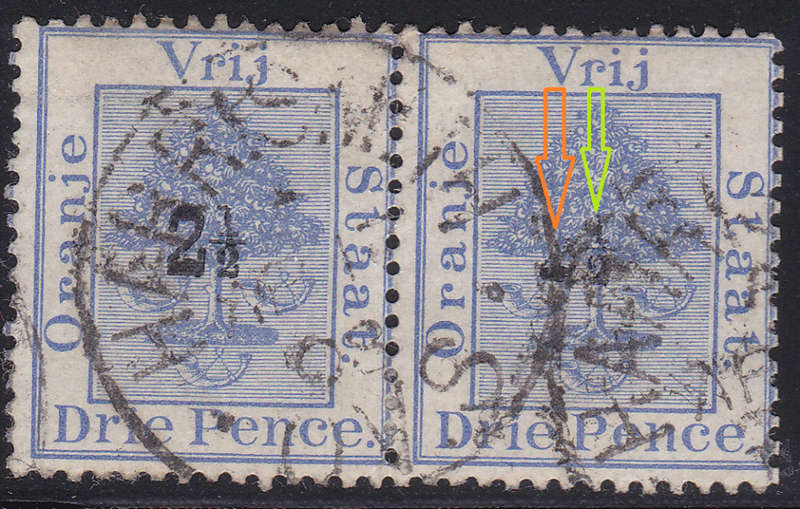 OFS - SACC46(var) 2½d ON 3d ULTRAMARINE USED PAIR WITH MISSING TOP TO `2` AND `1` IN FRACTION FU