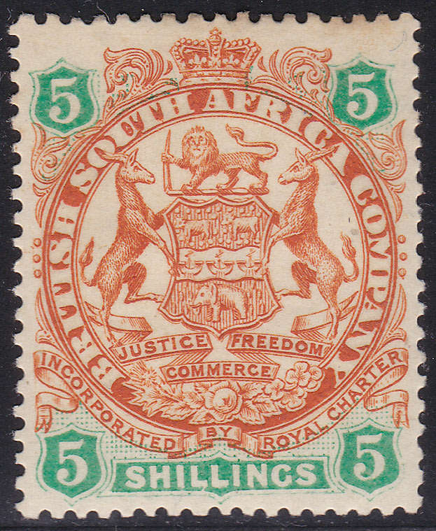 BSAC/Rhodesia : 1896-7 SG49 DIE II 5/-  Chestnut & Emerad MM £65