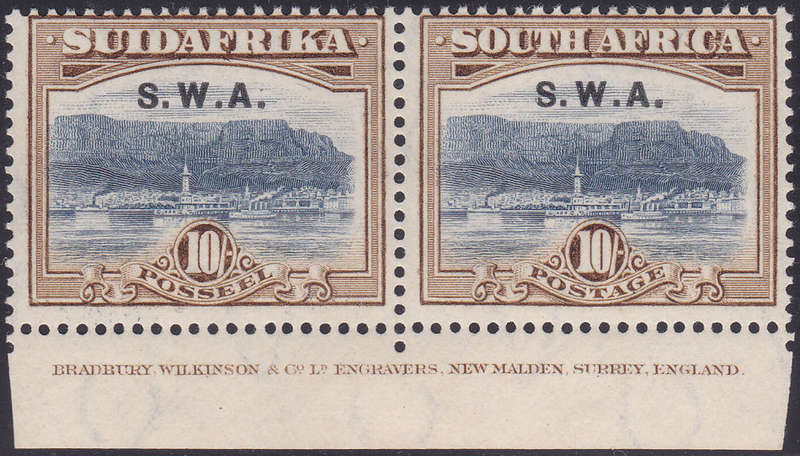 SWA 1927-30 SACC90 10/- BLUE and BROWN INSCRIPTIONAL PAIR - MM - CV R13000