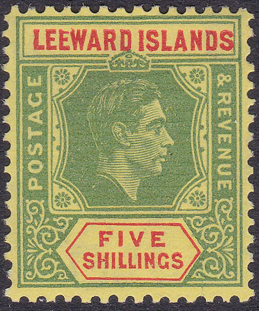 Leeward Islands 1938 KGVI SG112ba 5/- GREEN and RED WITH BROKEN `E` - LMM - SCARCE - CV £1200
