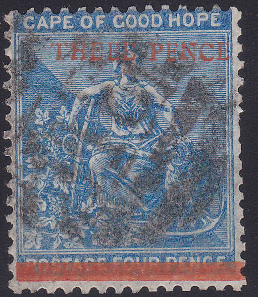 Cape of Good Hope 1879 : SACC29b(var) 3d on 4d Blue(WM CC) VFU `THEEE` for `THREE`-SEE BELOW CV?
