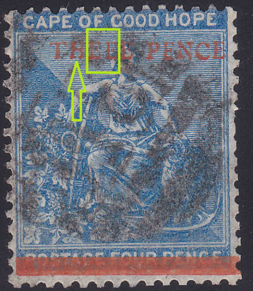 Cape of Good Hope 1879 : SACC29b(var) 3d on 4d Blue(WM CC) VFU `THEEE` for `THREE`-SEE BELOW CV?