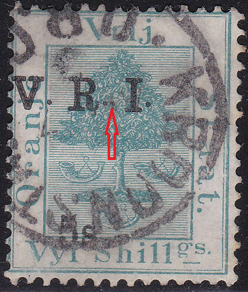 OFS - 1900 SACC77(var) 5/- ON 5/- GREEN (THICK V) WITH UNLISTED VARIETY -VFU