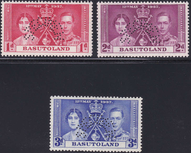 BASUTOLAND 1937 CORONATION SACC15s-17s PERFORATED SPECIMEN SET OF 3 - LMM - CV R2000