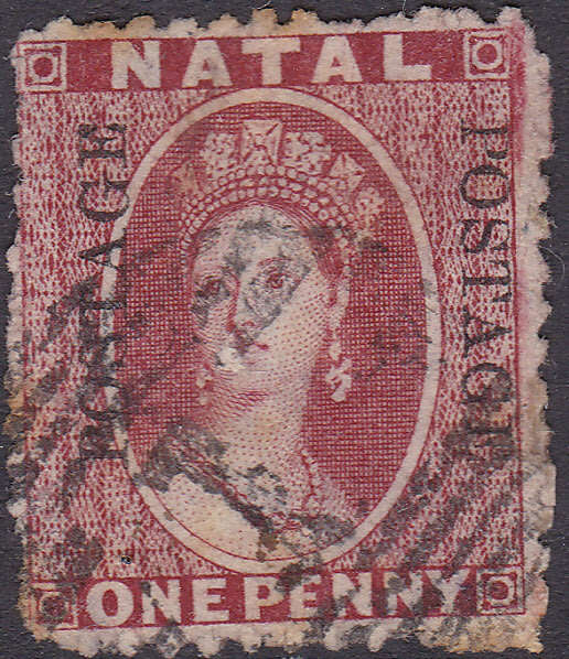 NATAL 1874 SACC69 1d ROSE-CARMINE(O/P 13mm WIDE IN BLACK - FINE USED - CV R1400