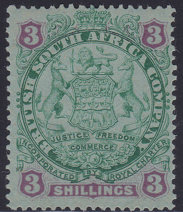 B.S.A.C/RHODESIA SG36 3/- Green & Mauve/Blue -  MM CV £90(2017)