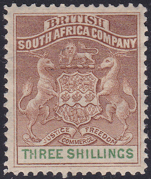 BSAC / RHODESIA 1892 : SG25 3/- Brown & Green MM CV £190(2017)