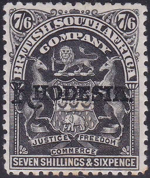 B.S.A.C./RHODESIA 1905 SG111 7s6d Black o/p `Rhodesia` LMM CV £110(2017)