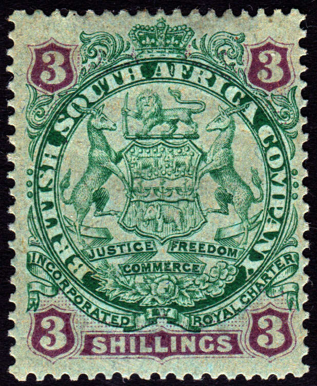 B.S.A.C/Rhodesia  : SG36 3/- Green & Mauve/Blue -  MM CV £90(2017)
