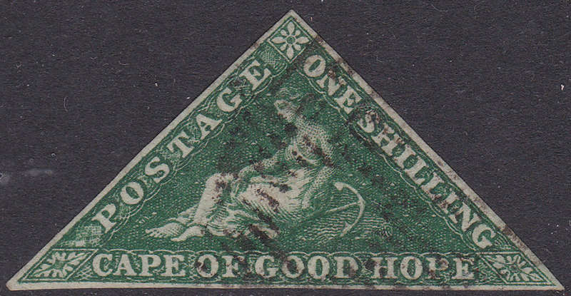 Cape of Good Hope : 1858 SACC8b 1/- DEEP DARK GREEN  - VFU USED CV R20000