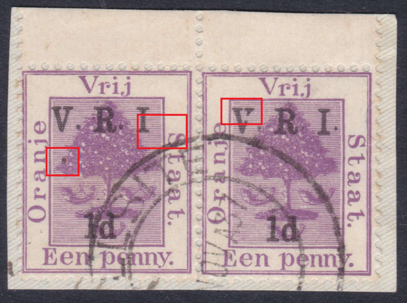 OFS 1900  1d ON 1d PURPLE - VFU MARGINAL PAIR ON PIECE WITH VARIETIES - SEE BELOW