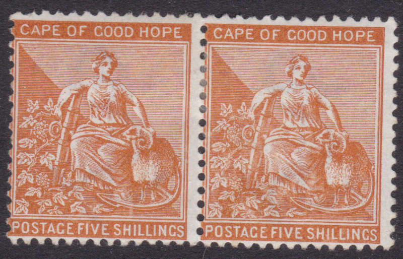CAPE OF GOOD HOPE 1896 SACC63 5/- BROWN-ORANGE PAIR MM CV R6000+