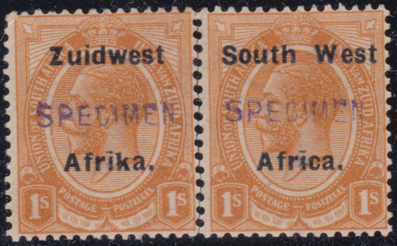 SWA 1924-6 SACC58s: 2 X 1/- ORANGE HANDSTAMPED SPECIMEN SINGLES -,MM