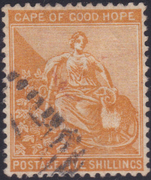Cape of Good Hope : 1882 SACC40 : 5/- ORANGE - SUPERB LIGHTLY USED EXAMPLE(WM Crown CA)